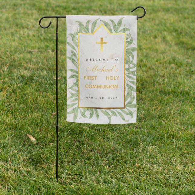 First Communion Greenery Faux Gold Marble Welcome  Garden Flag (In SItu)