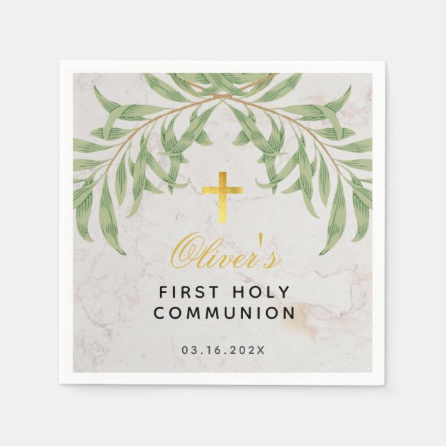 First Communion Greenery Foliage Marble Gold Cross Napkins (Front)
