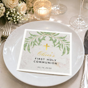 First Communion Greenery Foliage Marble Gold Cross Napkins