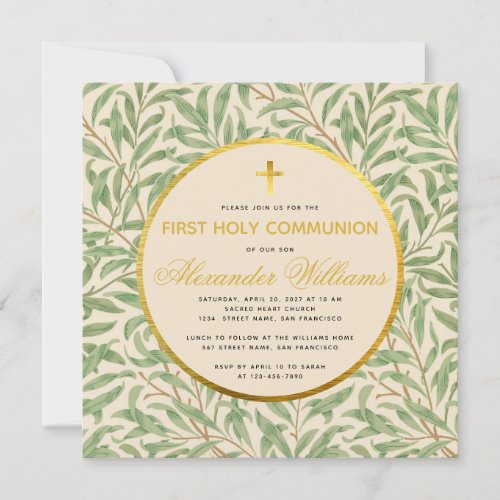 First Communion Greenery Gender Neutral Faux Gold Invitation