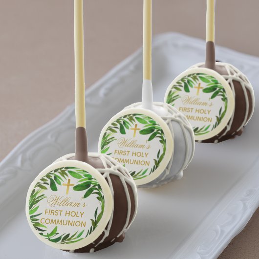 First Communion Greenery Gender Neutral Green Gold Cake Pops