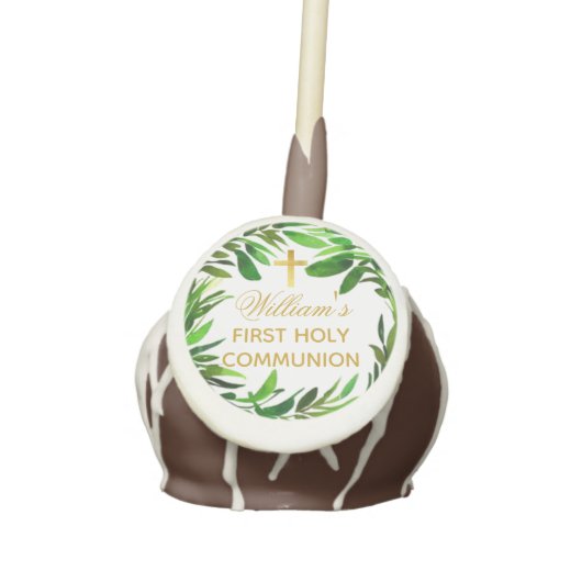 First Communion Greenery Gender Neutral Green Gold Cake Pops (Front)