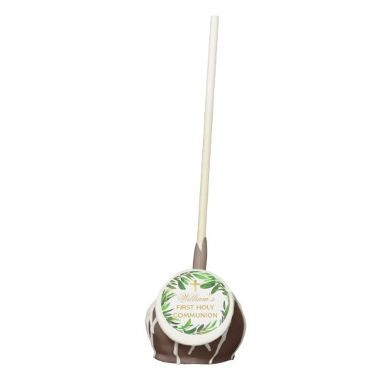 First Communion Greenery Gender Neutral Green Gold Cake Pops (Front)