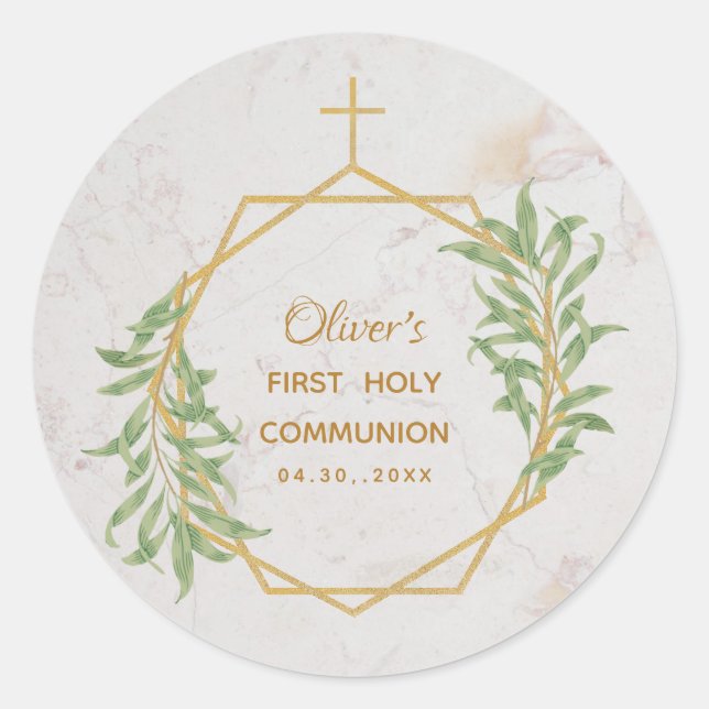 First Communion Greenery Gold Botanical Geometric Classic Round Sticker (Front)