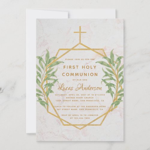 First Communion Greenery Gold Botanical Geometric Invitation