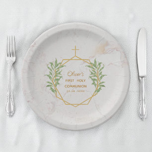 First Communion Greenery Gold Botanical Geometric Paper Plates