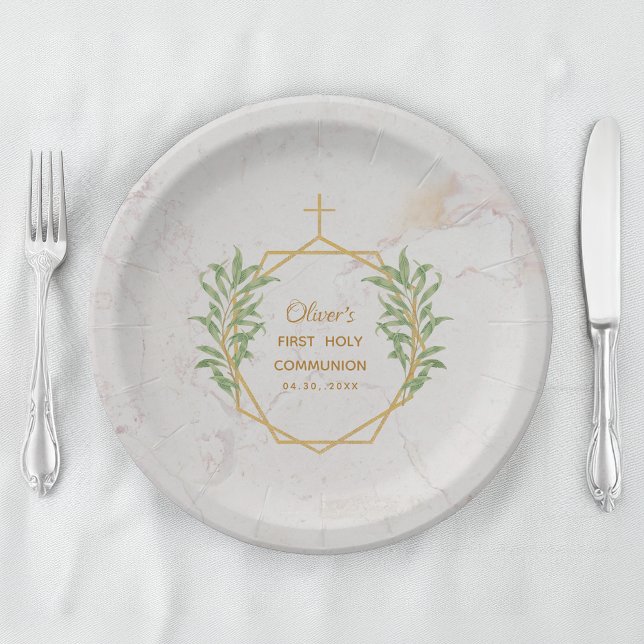 First Communion Greenery Gold Botanical Geometric  Paper Plates (Creator Uploaded)