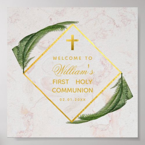 First Communion Greenery Marble Gold Fern Welcome Poster