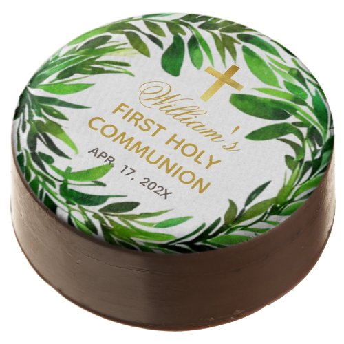 First Communion Greenery Watercolor Foliage Gold Chocolate Covered Oreo