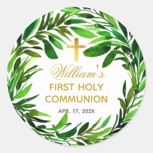 First Communion Greenery Watercolor Gender Neutral Classic Round Sticker