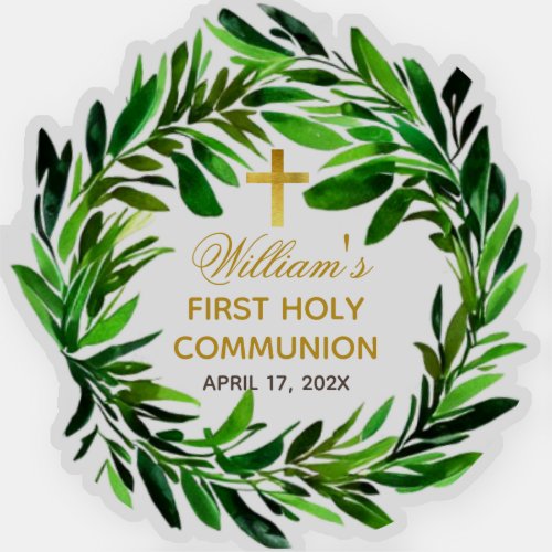 First Communion Greenery Wreath  Faux Gold Cross Sticker