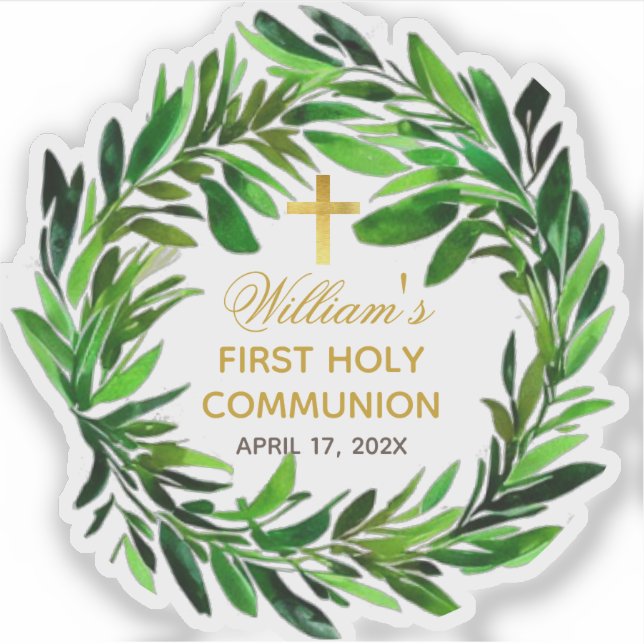 First Communion Greenery Wreath & Faux Gold Cross Sticker (Front)