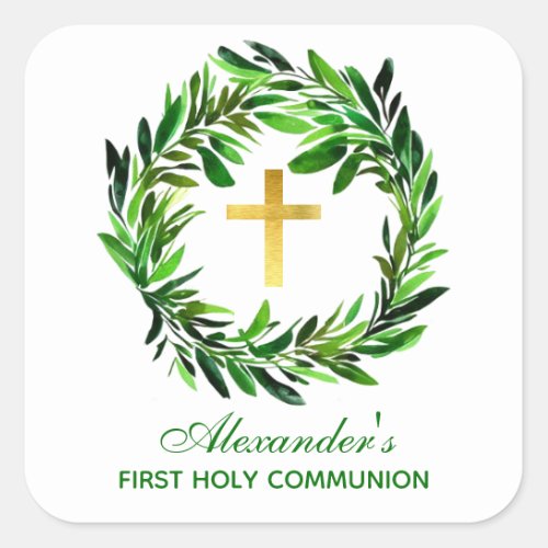 First Communion Greenery Wreath Gold Cross Foliage Square Sticker