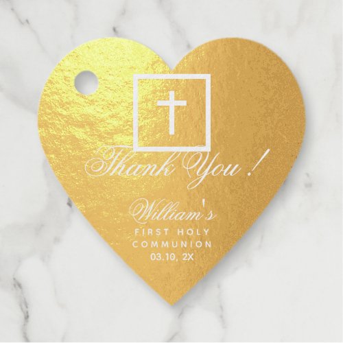 First Communion Heart  Cross Thank You Calligraphy Foil Favor Tags