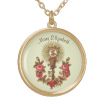 First Communion Host Red Roses  Chalice Vintage Gold Plated Necklace