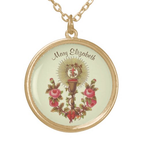 First Communion Host Red Roses  Chalice Vintage Gold Plated Necklace
