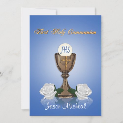 First communion invitation Chalice on blue