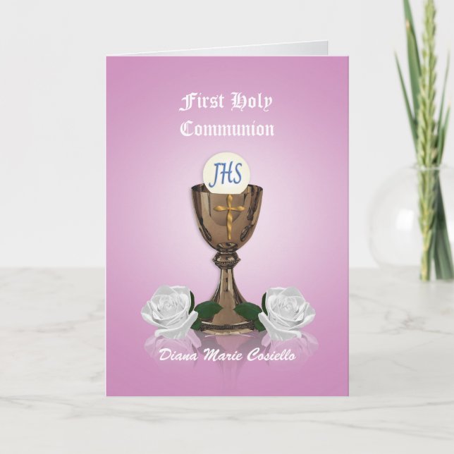 First communion invitation Chalice on pink (Front)