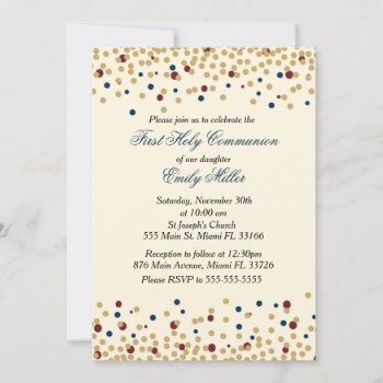 First Communion Invitation Confetti Gold Blue Red by pinkthecatdesign at Zazzle