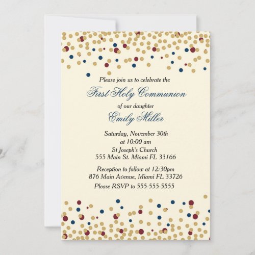 First communion invitation confetti gold blue red