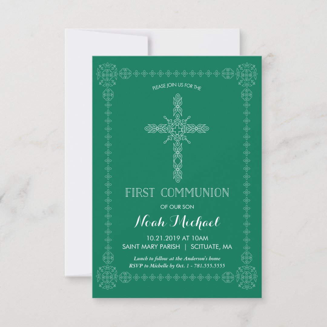 First Communion Invitation, Green w/ Elegant Cross Invitation | Zazzle