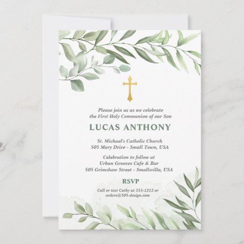 First Communion Invitation in Green Eucalyptus