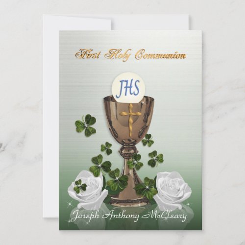 Irish First Communion invitation with shamrocks