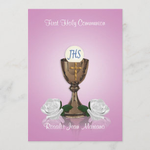 First communion invitation pink