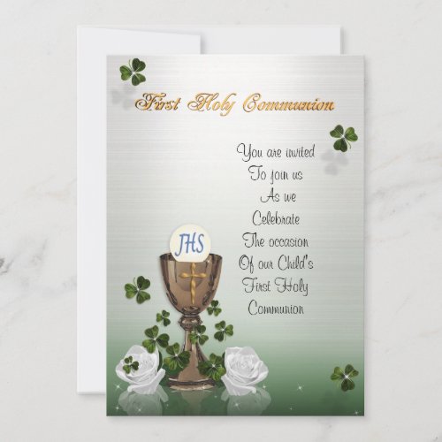 First Communion invitation with Irish shamrocks
