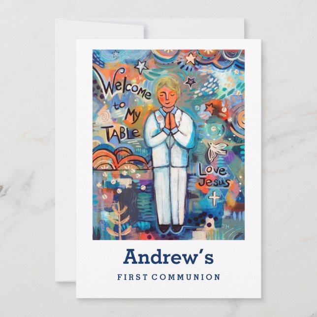 First Communion Invite, Customizable, blonde boy Invitation (Front)