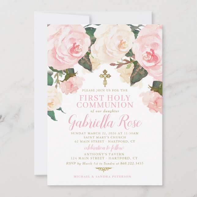 First Communion Invite, Pink Floral Gold Invitation (Front)