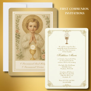First Communion Jesus Floral Vintage  Invitation