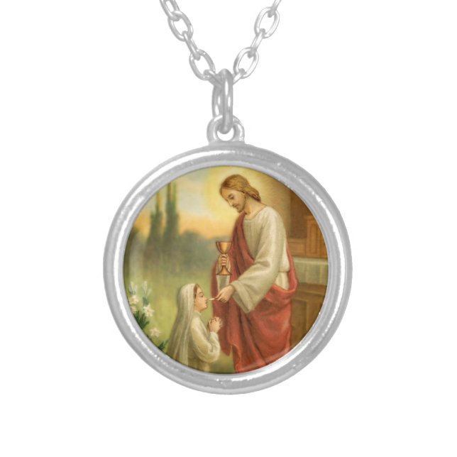 First Communion Jewelry: Eucharist in All Things Silver Plated Necklace (Front)