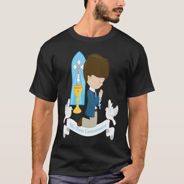 First Communion   Kids Brown Hair Boy Rosary Son T-Shirt (Front)