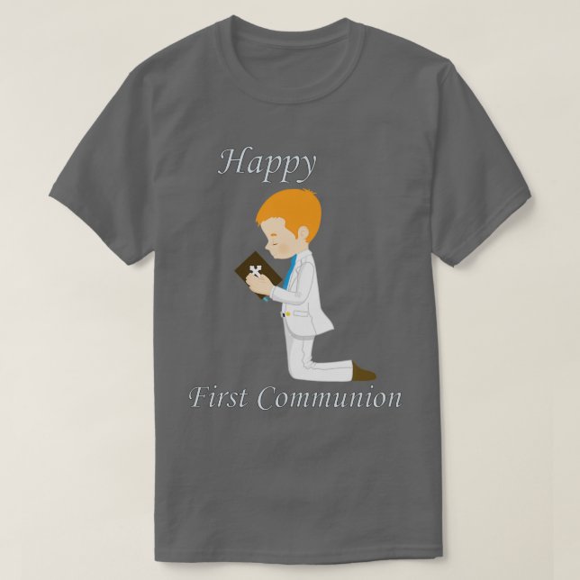 First Communion Kneeling Redhead Boy T-Shirt (Design Front)
