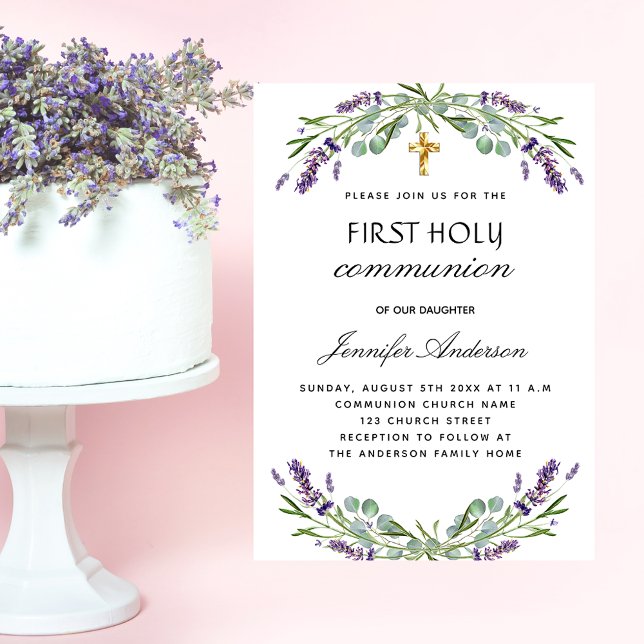 First communion lavender eucalyptus violet florals invitation (Creator Uploaded)