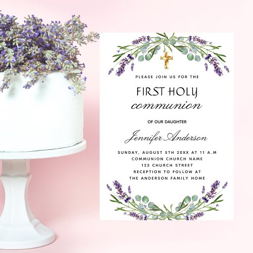 First communion lavender eucalyptus violet florals invitation postcard