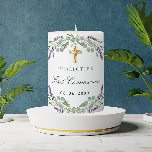 First Communion lavender florals greenery cross Pillar Candle