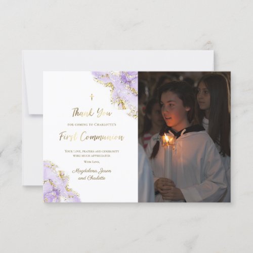 First Communion lavender ink thank you card