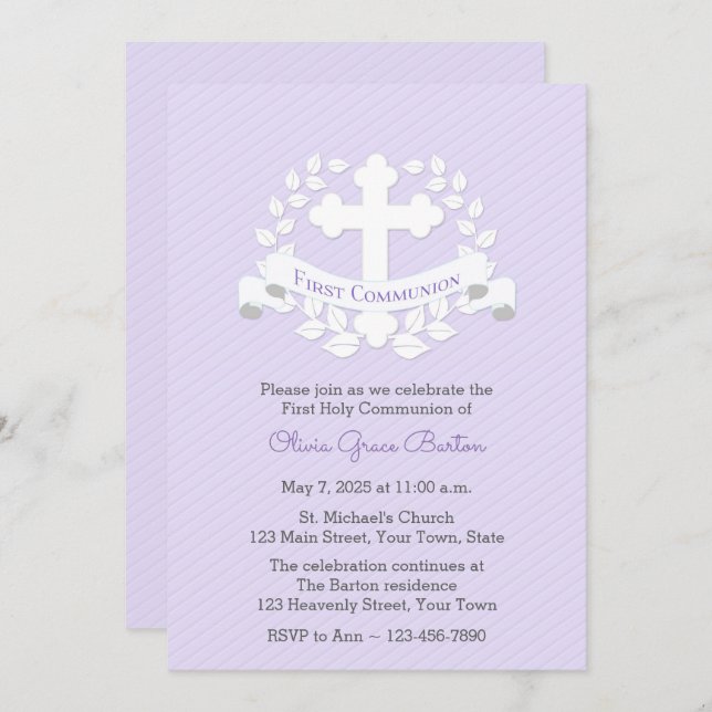 First Communion Leaf Laurel Cross Lilac Invitation (Front/Back)
