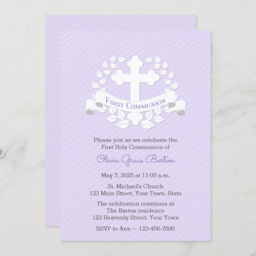 First Communion Leaf Laurel Cross Lilac Invitation