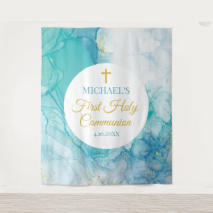 First Communion Marble blue mint modern backdrop