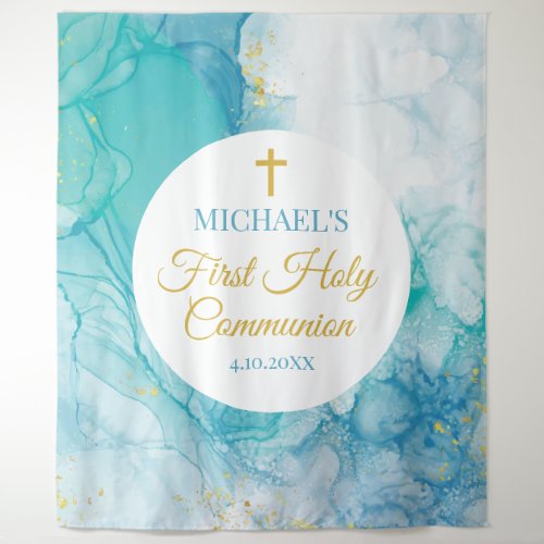 First Communion Marble blue mint modern backdrop