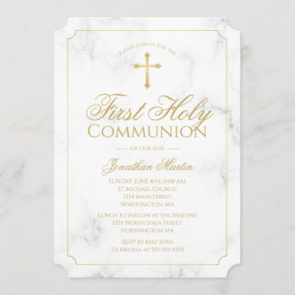 First Communion Marble Elegant Gold Script Boy Invitation