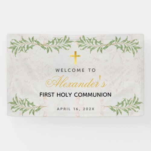 First Communion Marble Foliage Calligraphy Welcome Banner