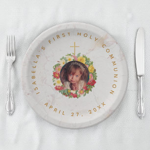 First Communion Marble Girl Photo in Rose Wreath Paper Plates