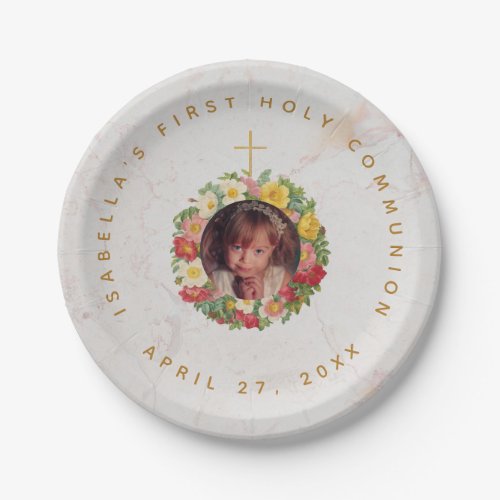 First Communion Marble Girl Photo in Rose Wreath Paper Plates