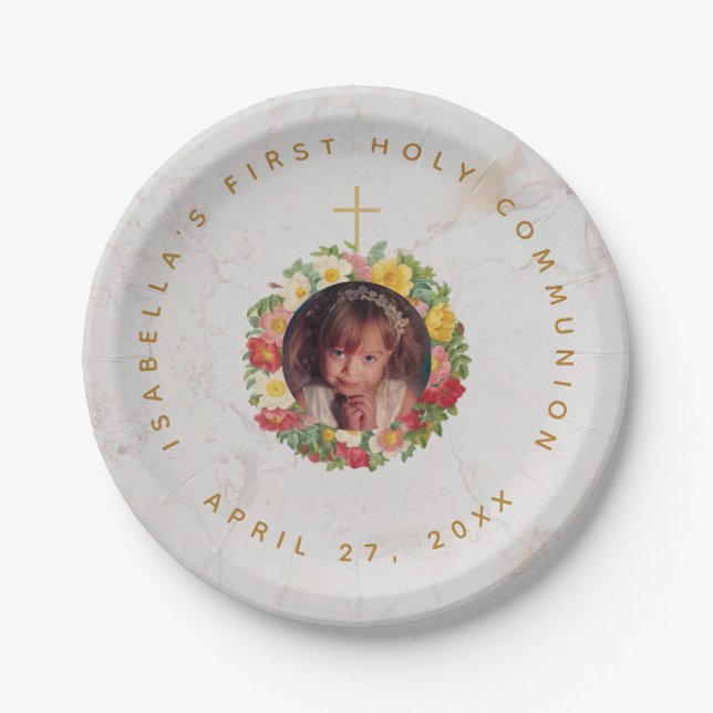 First Communion Marble Girl Photo in Rose Wreath Paper Plates (Front)