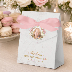 First Communion Marble Girl Photo Pink Orchid Gold Favor Boxes