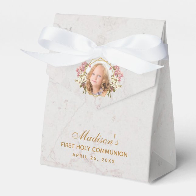 First Communion Marble Girl Photo Pink Orchid Gold Favor Boxes (Front Side)